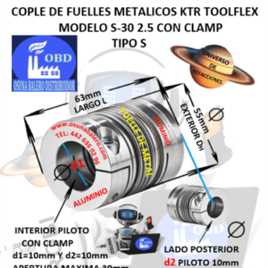S-30 2.5 COPLE TOOLFLEX KTR DE FUELLES METALICOS CON CLAMP EXTERIOR DH=55mm LARGO L=63mm INTERIOR d1 y d2 =10mm