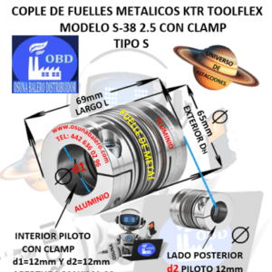 S-38 2.5 COPLE TOOLFLEX KTR DE FUELLES METALICOS CON CLAMP EXTERIOR DH=65mm LARGO L=69mm INTERIOR d1 y d2 =12mm
