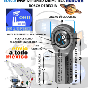 MW-M10 ROTULA AURORA MILIMETRICA HEMBRA B=10mm ROSCA M10 X 1.5 DERECHA