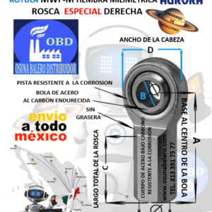 MWF-M10 ROTULA AURORA MILIMETRICA HEMBRA B=10mm ROSCA ESPECIAL M10 X 1.25 DERECHA