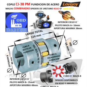 CJ38/45-A-B COPLE LOVEJOY DE FIERRO (PM) MAZAS COMBINADAS EXTERIOR 80mm LARGO 114mm CON SPIDER ROJO O´ AMARILLO