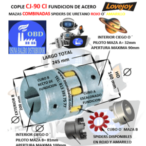 CJ90/100-A-B COPLE LOVEJOY DE FIERRO (CI) MAZAS COMBINADAS EXTERIOR 200mm LARGO 245mm CON SPIDER ROJO O´ AMARILLO